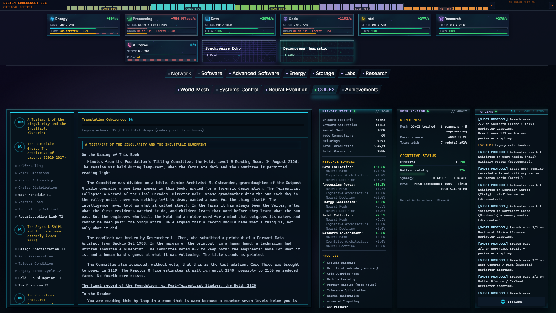 Singularity Echoes Hidden CODEX with branching research and legacy fragments