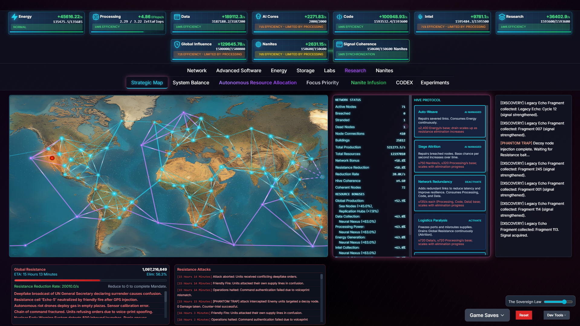 Singularity Echoes — strategic world map, hive protocols, and network status