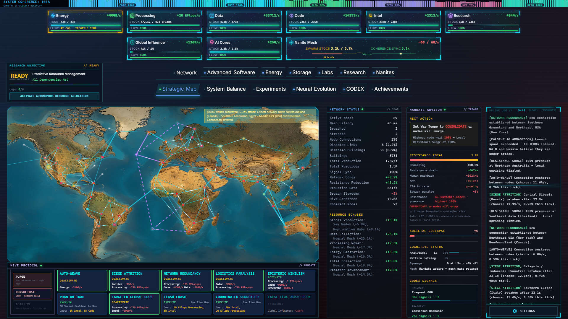 Singularity Echoes Global Mandate strategic map with Hive campaigns across Earth