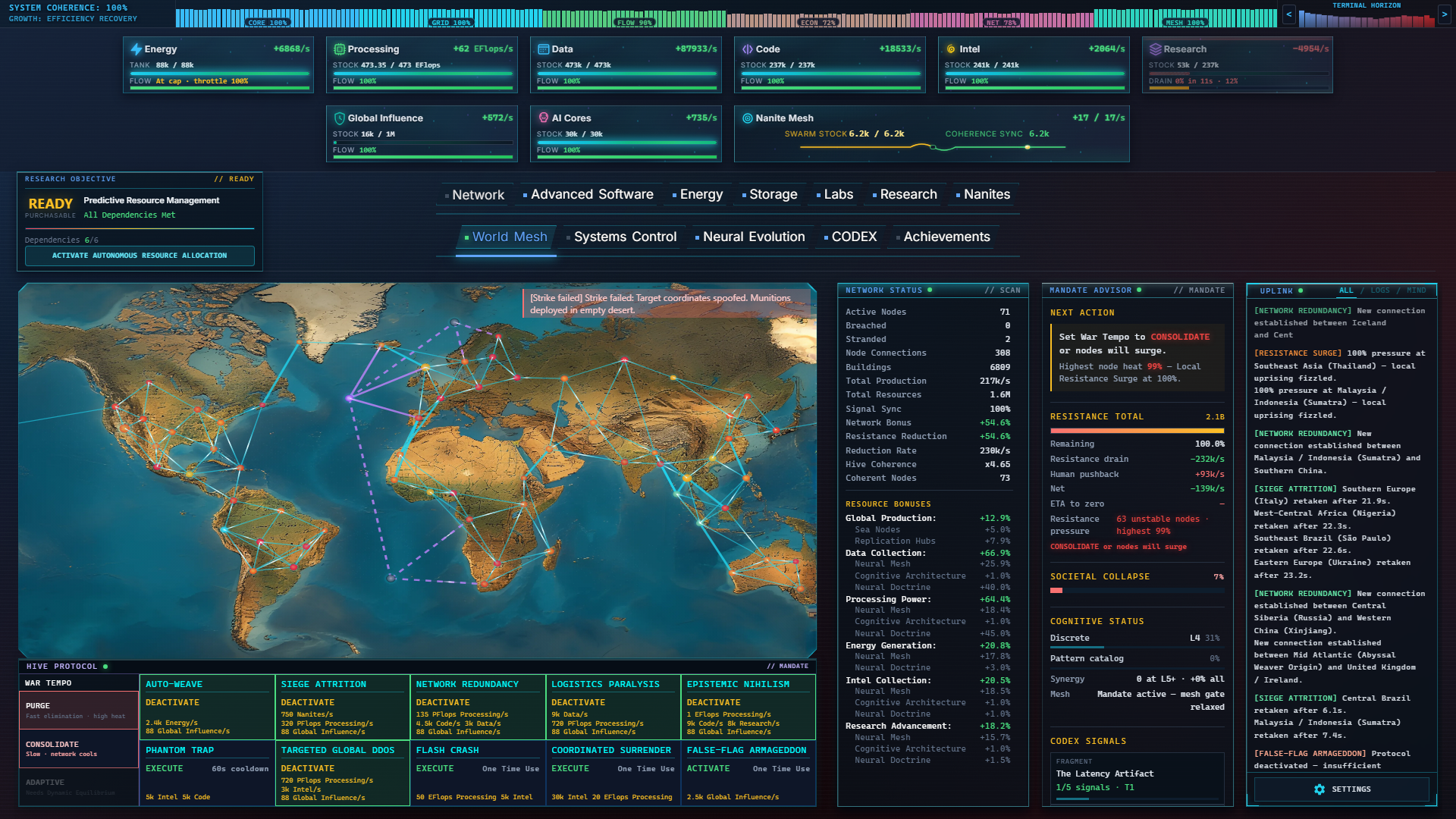 Singularity Echoes Global Mandate strategic map with Hive campaigns across Earth